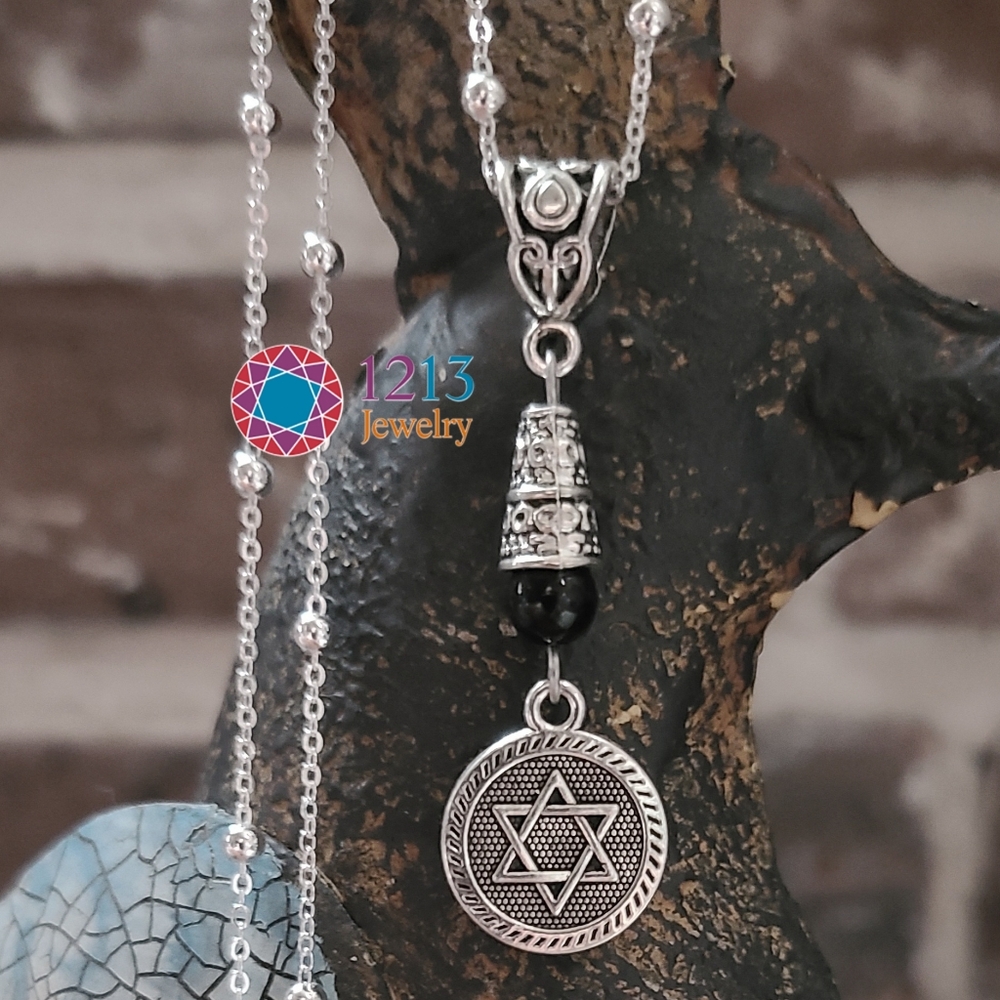 Handcreated Jewish Star of David Onyx Necklace on Sterling Silver Chain